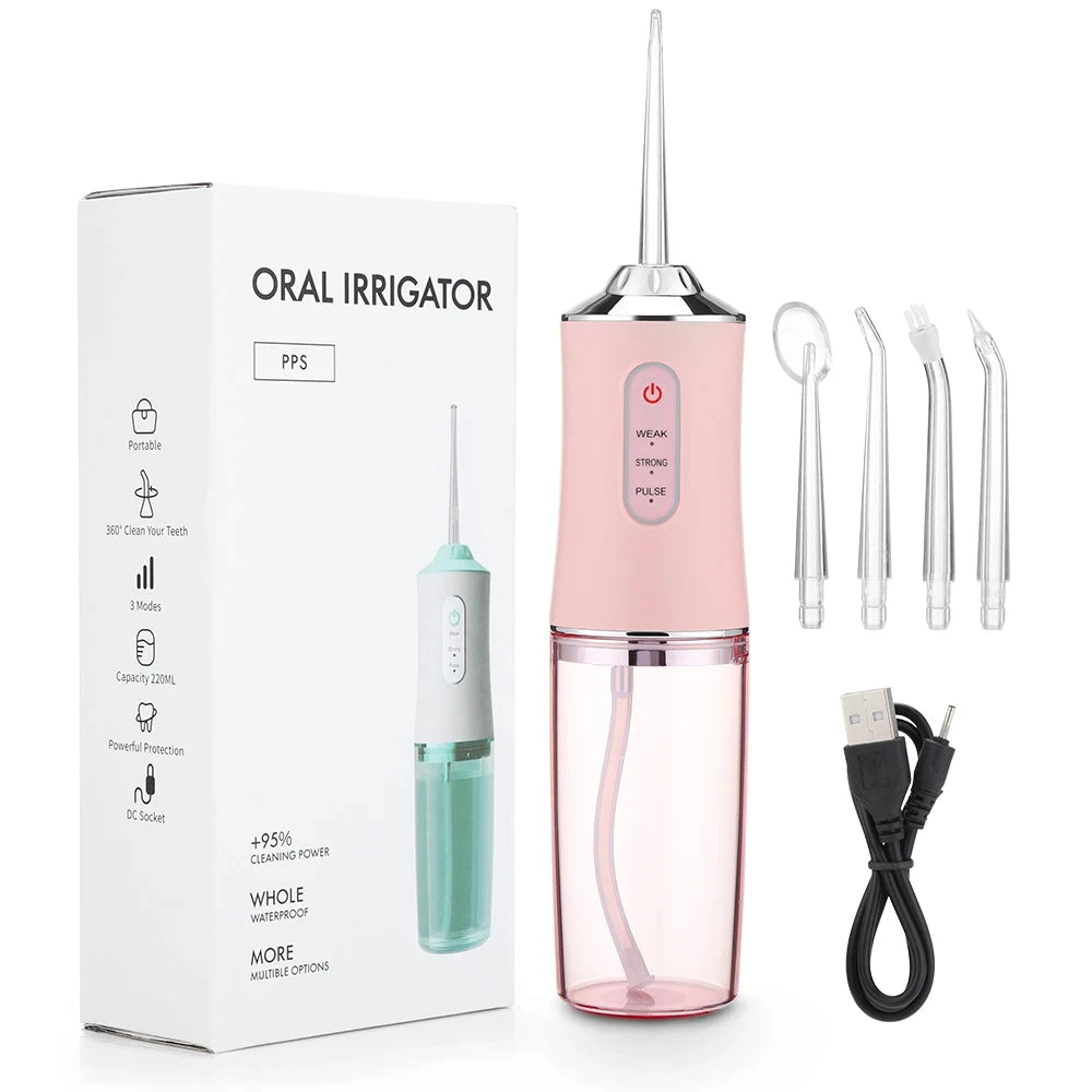 Oral Irrigator Portable Dental Water Flosser USB Rechargeable Water Jet Floss Tooth Pick 4 Jet Tip 220ml 3 Modes Teeth Cleaner ﻿