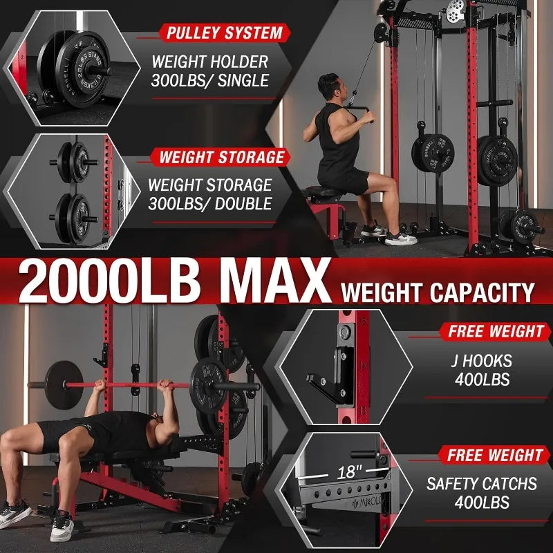 2000LB Squat Rack, Dual Pulley Cable Crossover System, Multi-function Free Weight Home Gym Workout Machine with Attachments