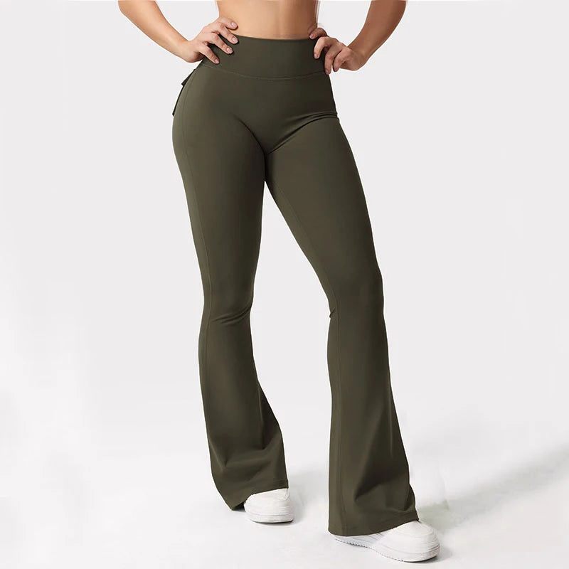 Women Yoga Flare Trousers High Waist Tummy-Control Wide Leg Pockets
