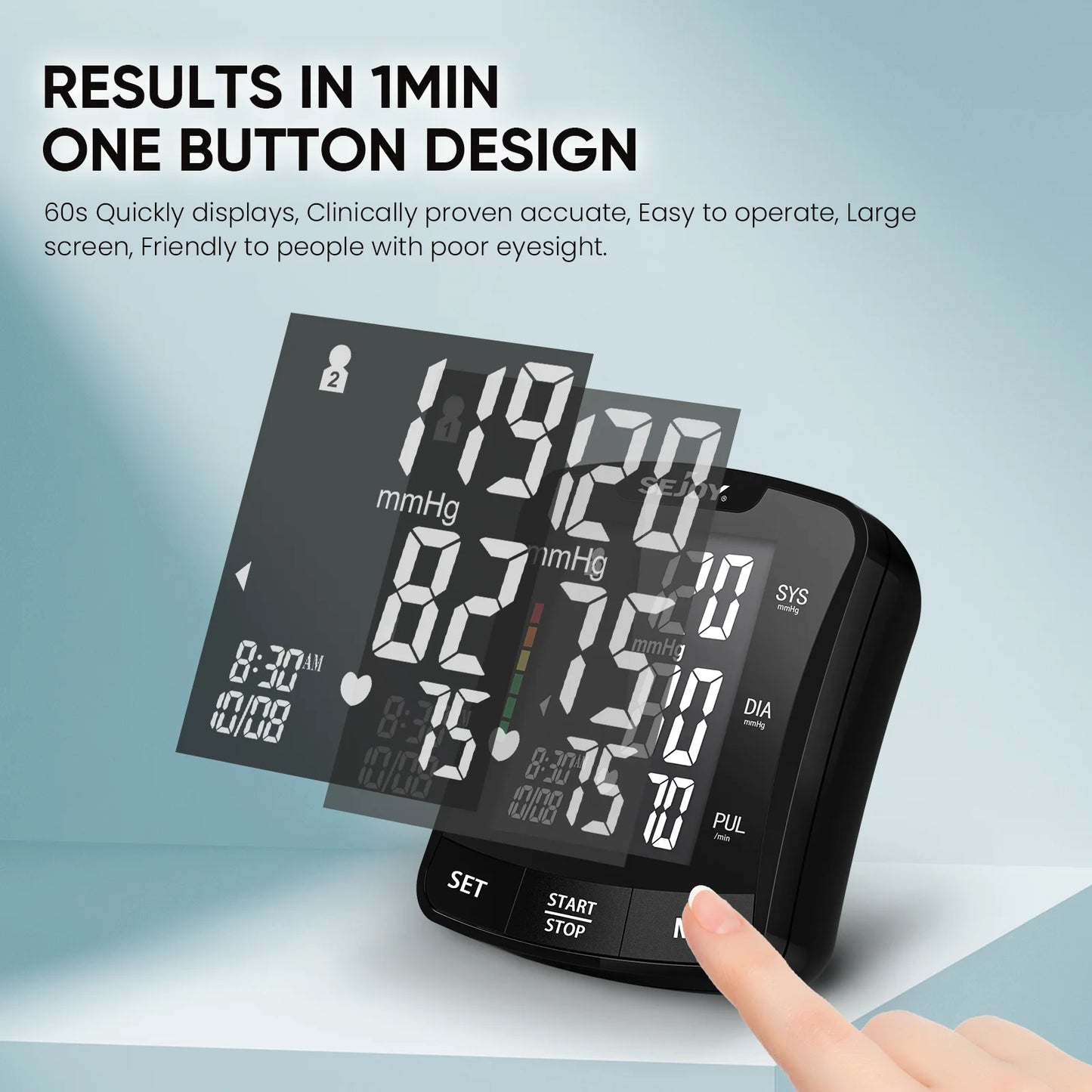 Sejoy Electronic Blood Pressure Monitor Wrist Cuff Tonometer Digital Sphygmomanometer with Large LCD Display