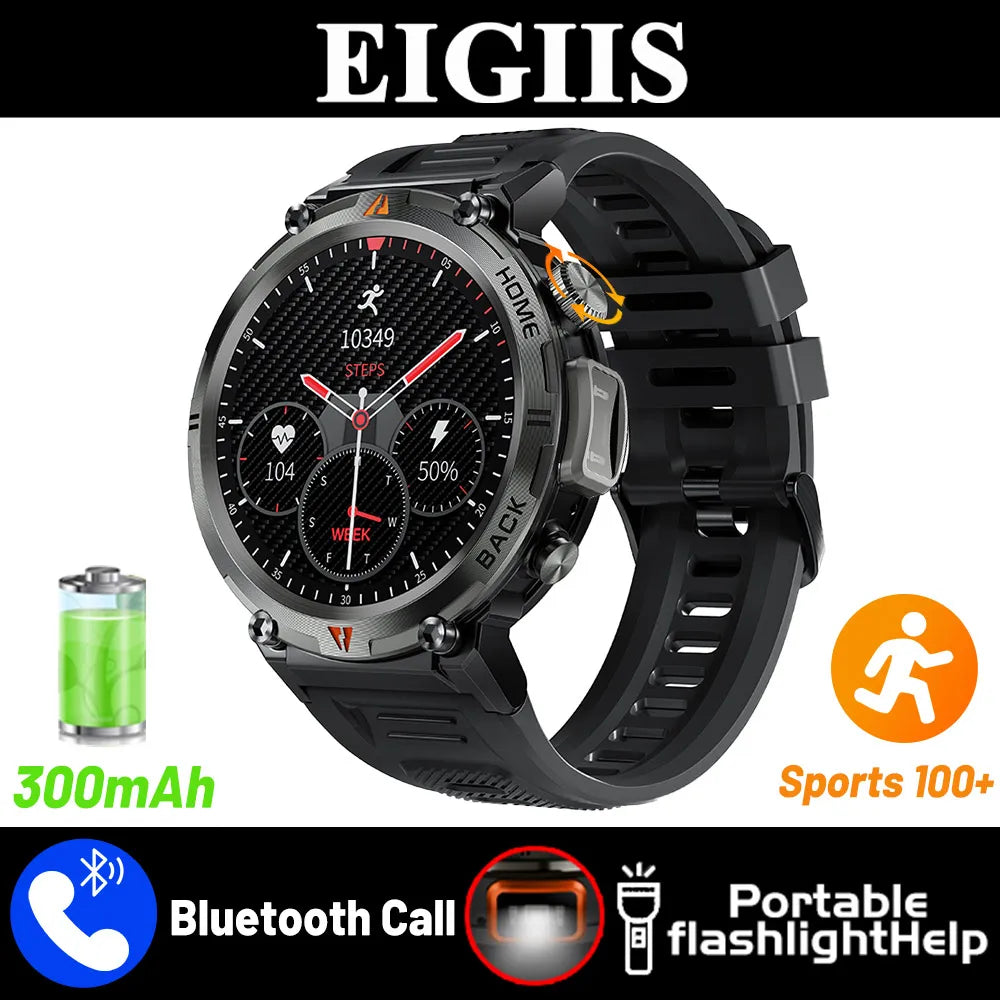 EIGIIS 2024 New KE3 Bluetooth Call Smart Watch for Men Full Touch Screen Health Monitor with Flashlight for IOS and Android