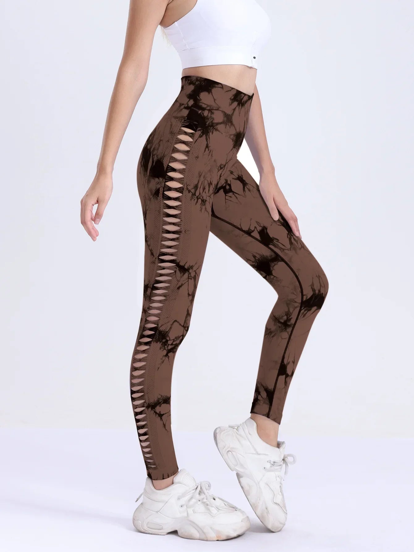 US Warehouse Seamless Yoga Pants Women Sport Leggings Fitness Gym Tight Push Up Running Pants Hollow Out Tie Dye Thunder Print