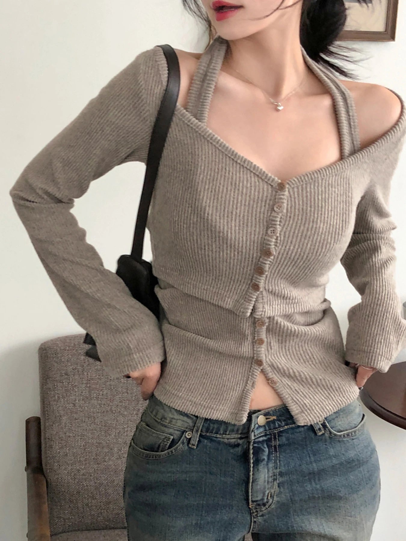 Sweetown Halter Top And Long Sleeve Blouse Set 2 Piece