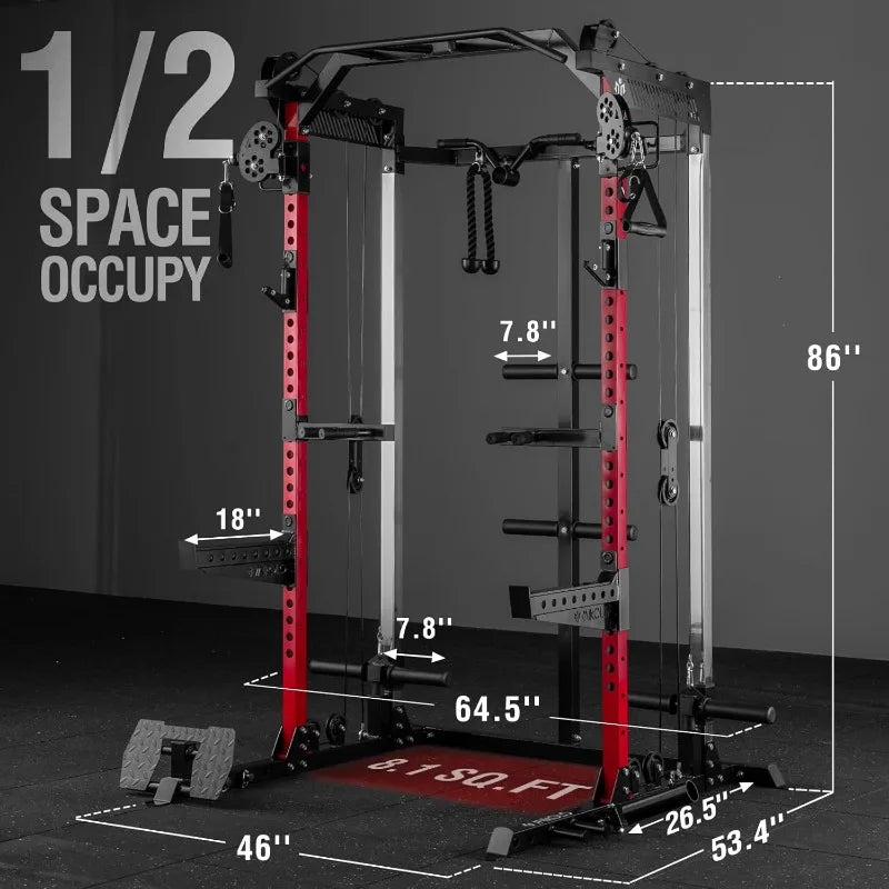 2000LB Squat Rack, Dual Pulley Cable Crossover System, Multi-function Free Weight Home Gym Workout Machine with Attachments