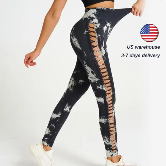US Warehouse Seamless Yoga Pants Women Sport Leggings Fitness Gym Tight Push Up Running Pants Hollow Out Tie Dye Thunder Print
