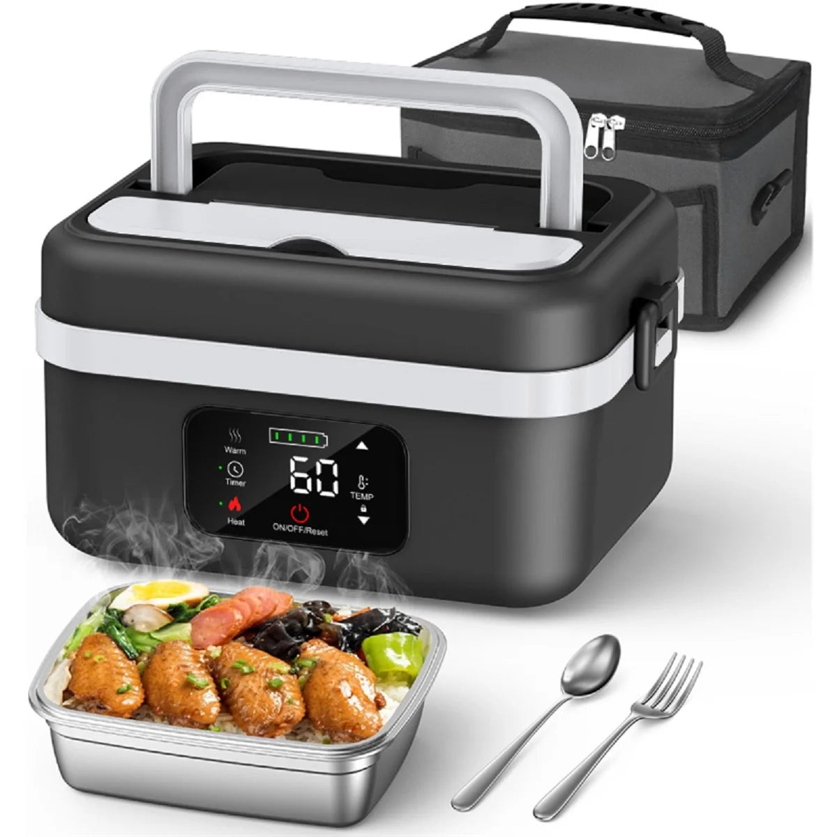 Rechargeable Timer Heated Lunch Box With Fork And Bag