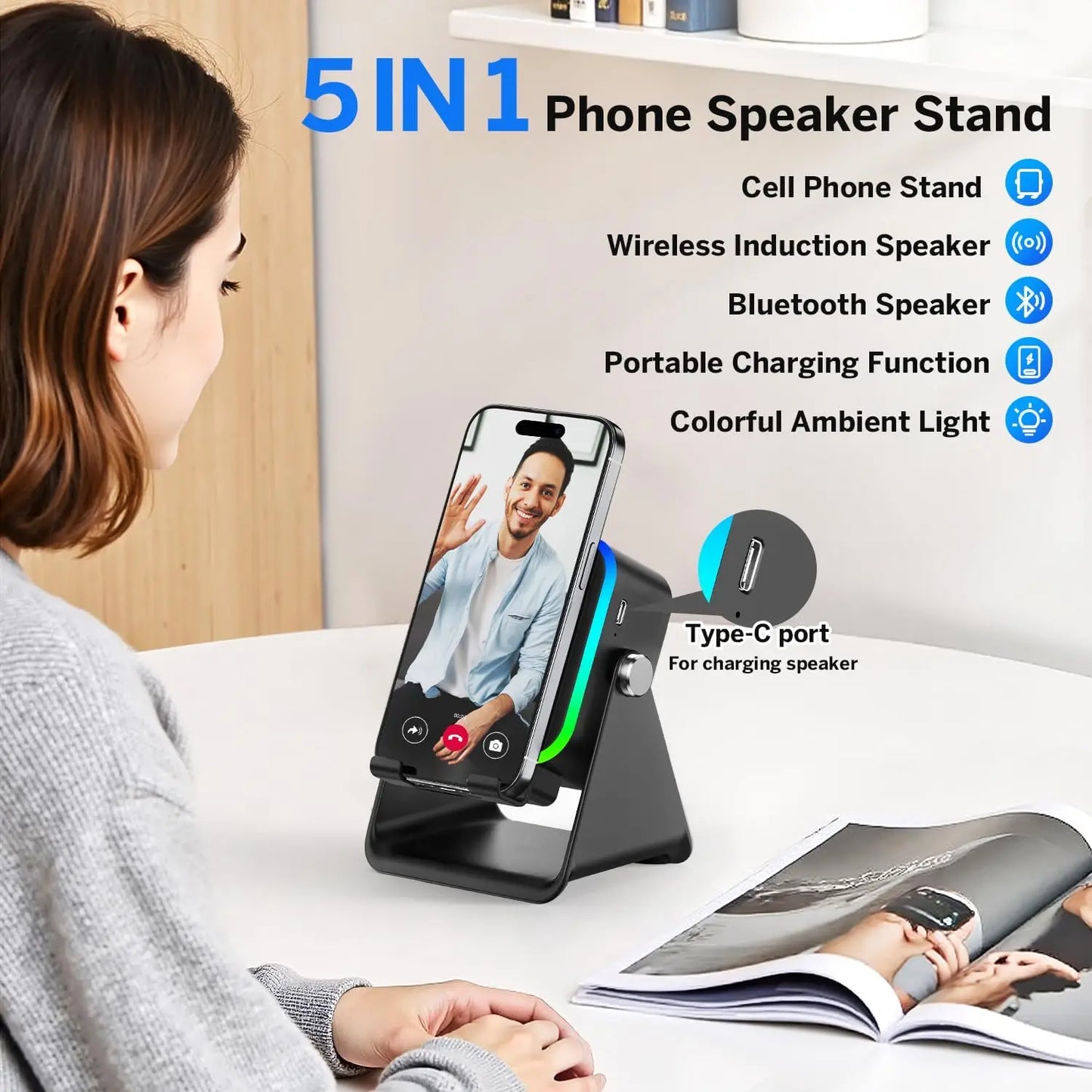 Newmsnr 5-in-1 Wireless Induction Speaker Phone Holder Bluetooth Hifi