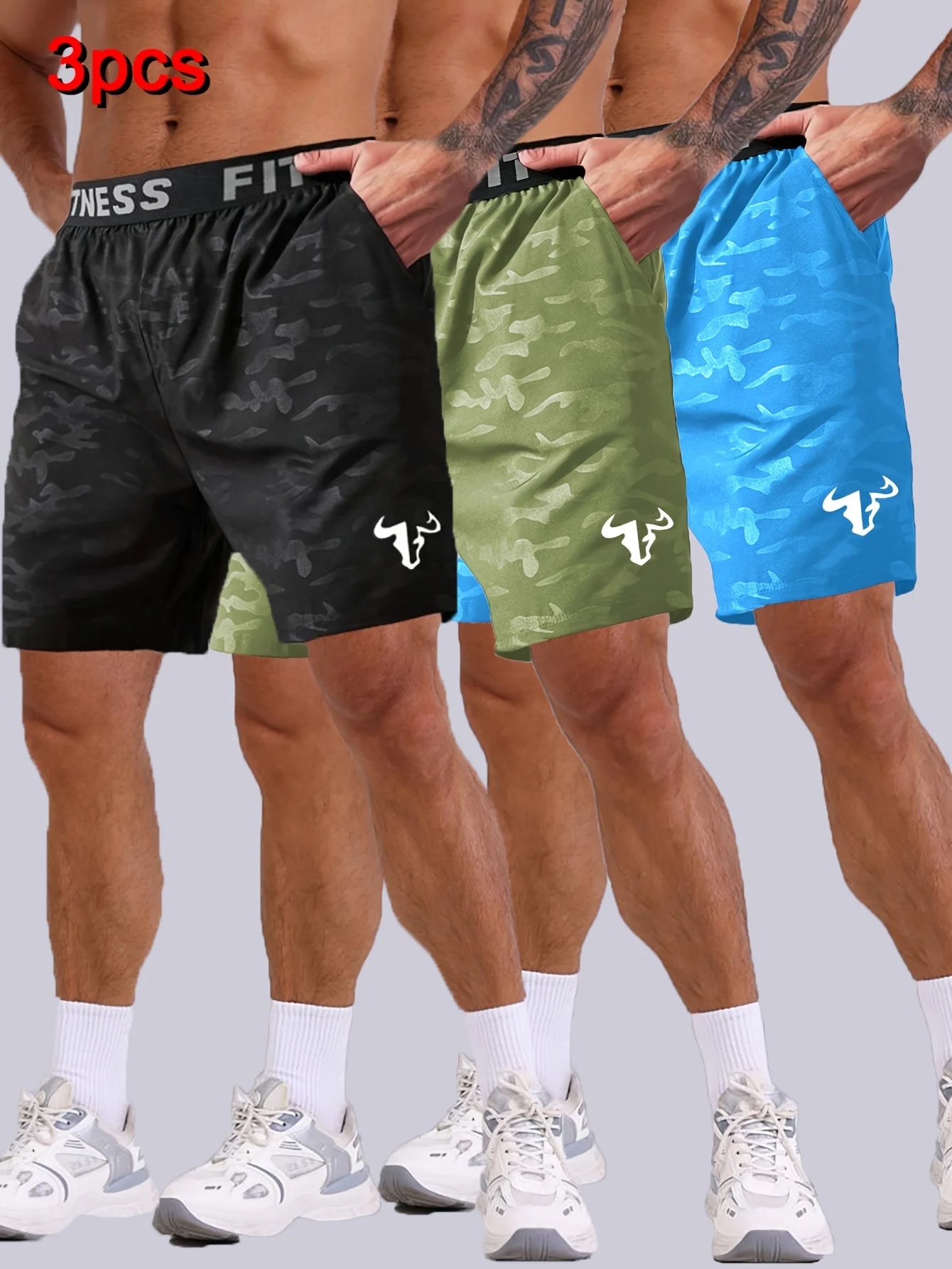 Men's Bull Print Sports Shorts 3 Piece Set for Running