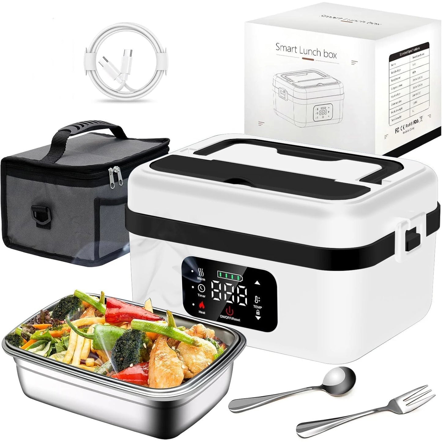 Rechargeable Timer Heated Lunch Box With Fork And Bag
