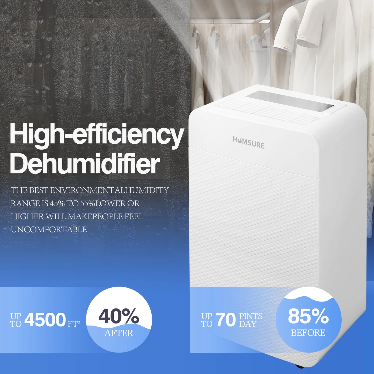 HUMSURE 4500 Sq Ft 70 Pints Dehumidifier for Basement Home and Bedroom with Drainage Hose and Automatic Defrosting