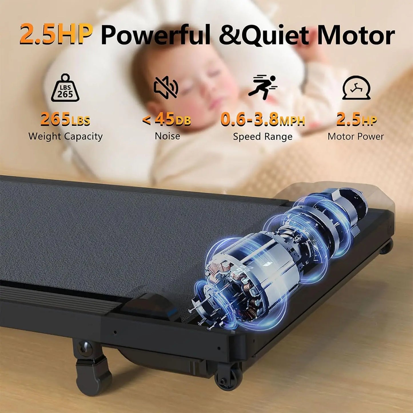 Under Desk Walking Pad Treadmill Incline 2 In 1 2.5HP