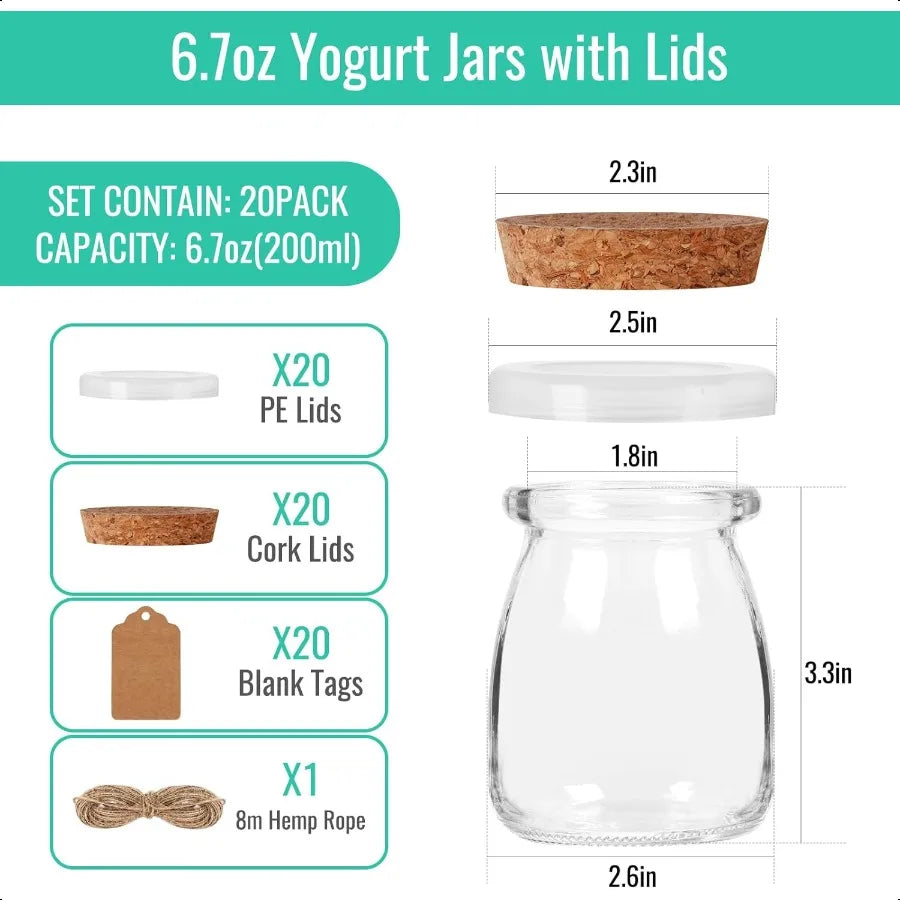 6.7 Ounce Glass Yogurt Jars 20 Pack with Cork Lids and PE Lids Containers for Candy Cake Pudding Yogurt Jam Empty Candle Jars