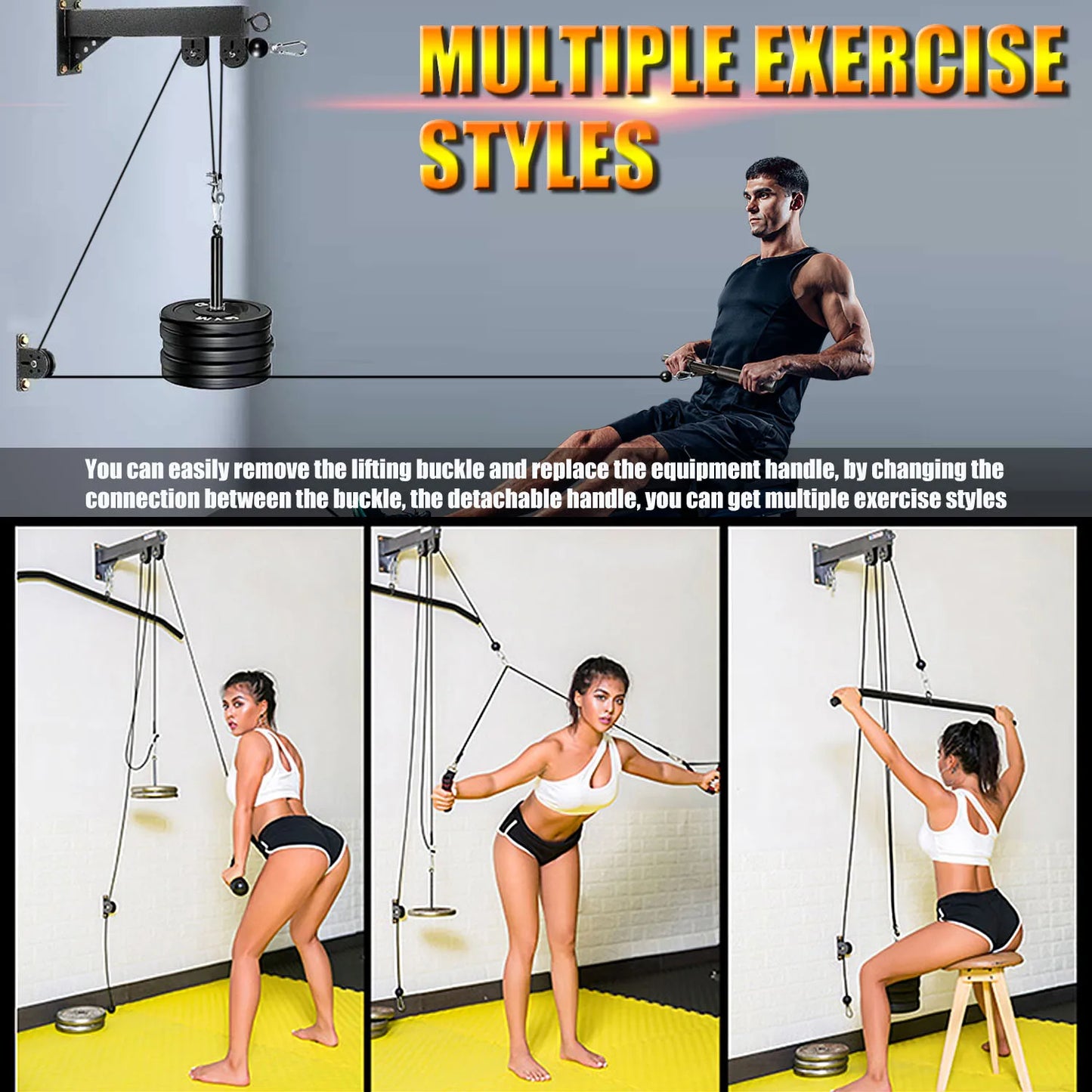 Fitness Cable Pulley System Wall Mounted LAT Pulldown Machine Tricep Rope Resistance Band Handles Gym Equipment
