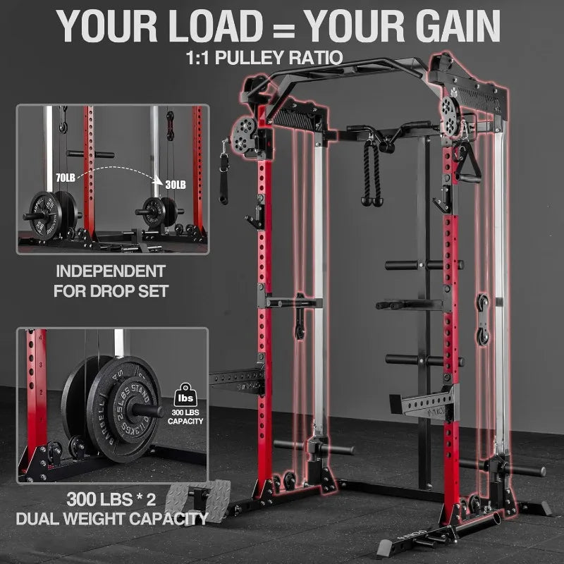 2000LB Squat Rack, Dual Pulley Cable Crossover System, Multi-function Free Weight Home Gym Workout Machine with Attachments