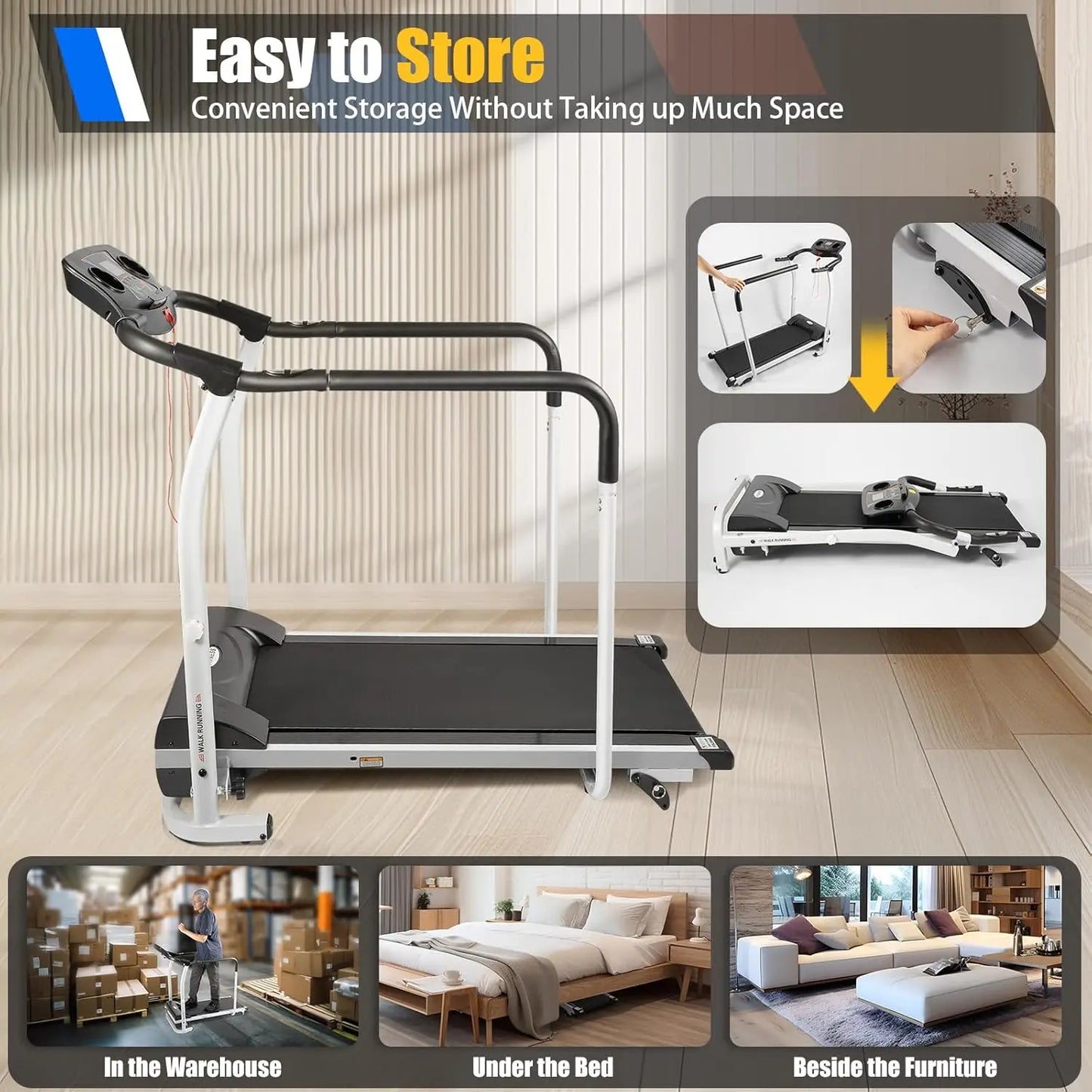 Walking Treadmill for Seniors – Home Treadmill with Handrails & Heart Rate Sensor, Low-Impact Fitness Machine for Recovery