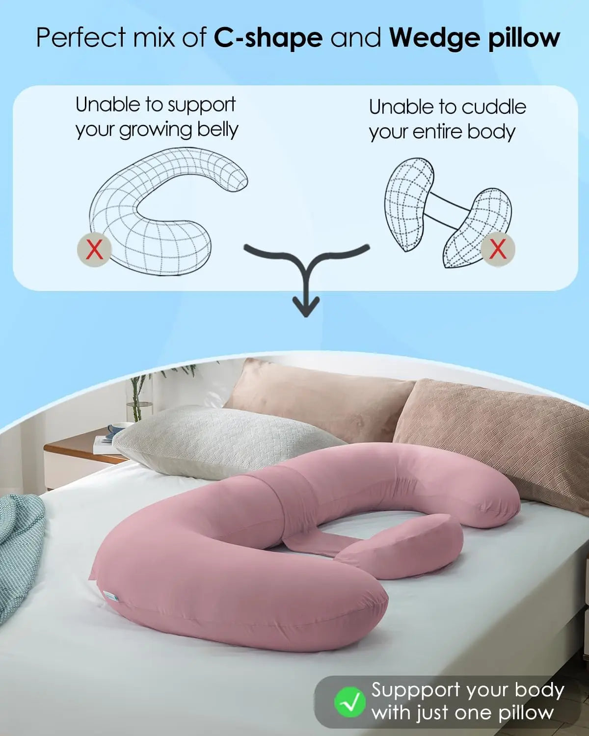 E Shaped Maternity Pillow With Wedge For Belly Support