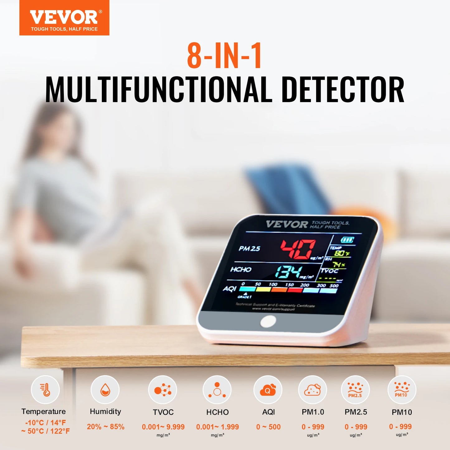 VEVOR Air Quality Monitor 8 In 1 PM2 5 PM10 PM1 0 Indoor