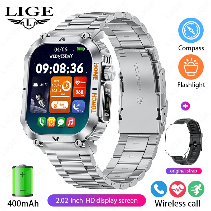 LIGE Military Sport Smartwatch With LED Flashlight Compass