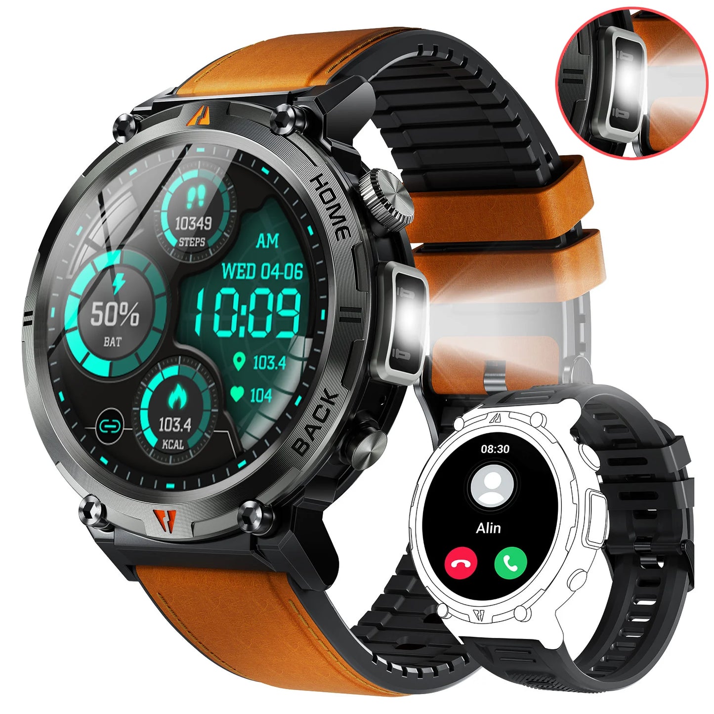 EIGIIS 2024 New KE3 Bluetooth Call Smart Watch for Men Full Touch Screen Health Monitor with Flashlight for IOS and Android