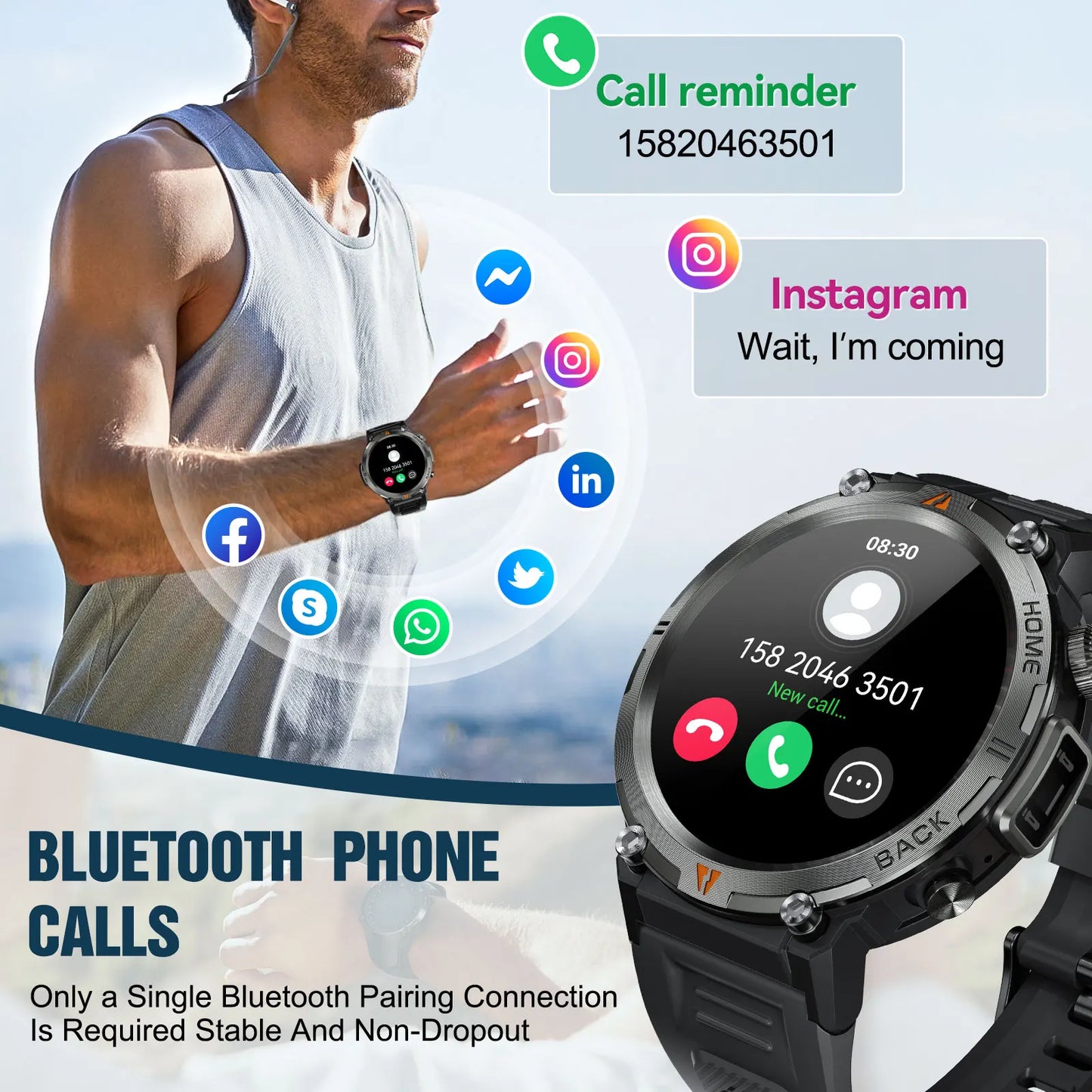 EIGIIS 2024 New KE3 Bluetooth Call Smart Watch for Men Full Touch Screen Health Monitor with Flashlight for IOS and Android