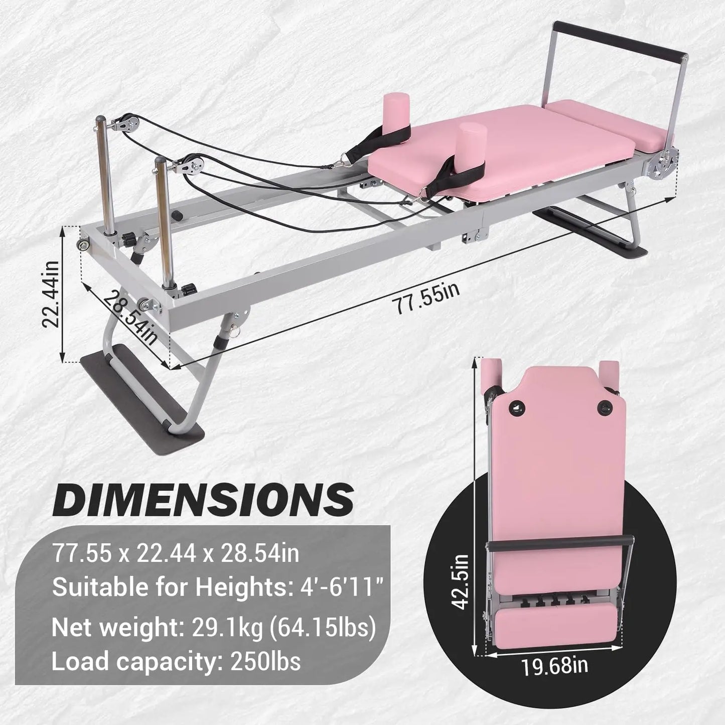 Foldable Pilates Reformer Machine for Home Use and Gym Workout for Beginners and Advanced Users Up to 250 Pounds