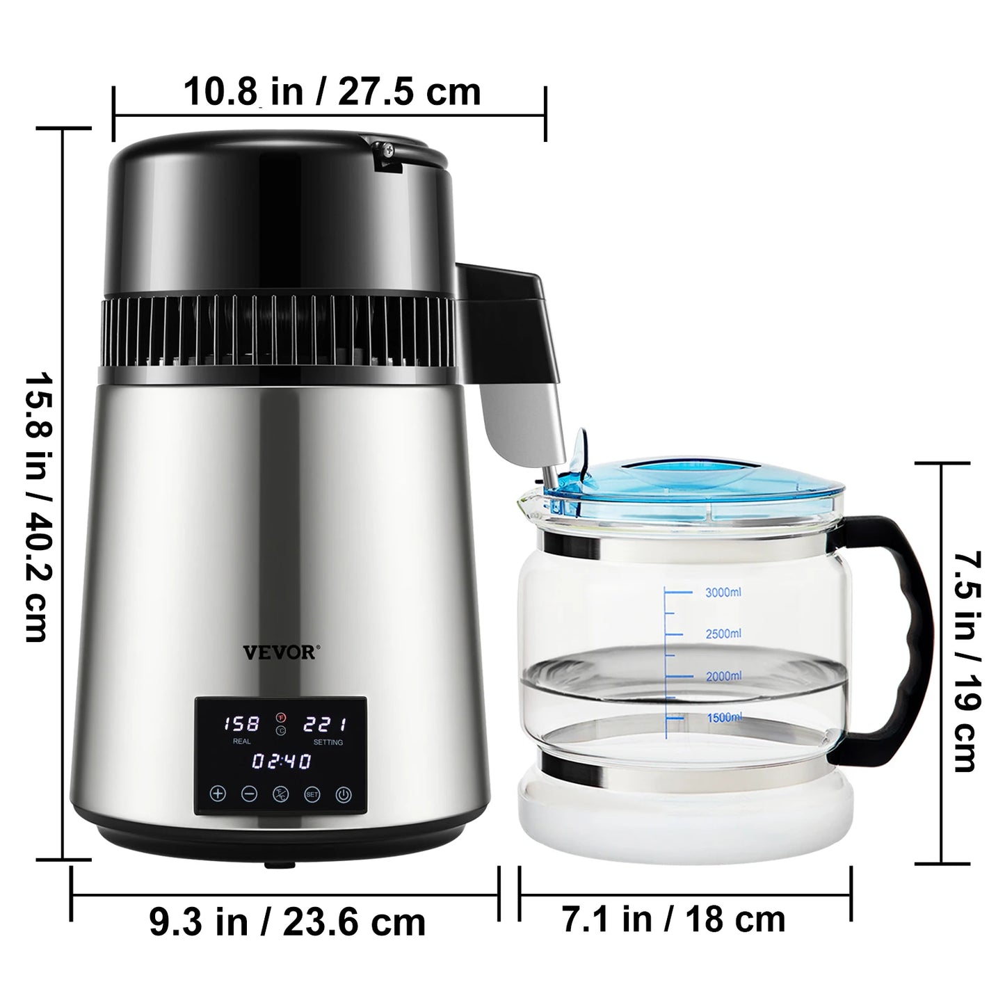 VEVOR 1.5L/H Distilling Speed 4L Water Distiller Treatmen Purifier Filter Touch Screen Time Setting 304 Stainless Home Appliance