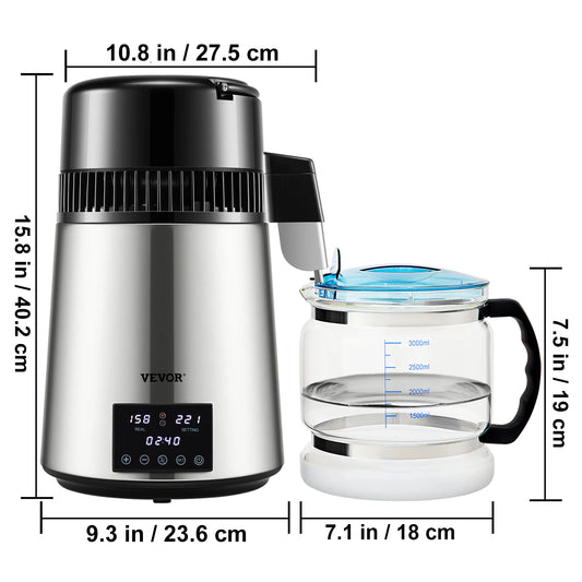 VEVOR 1.5L/H Distilling Speed 4L Water Distiller Treatmen Purifier Filter Touch Screen Time Setting 304 Stainless Home Appliance