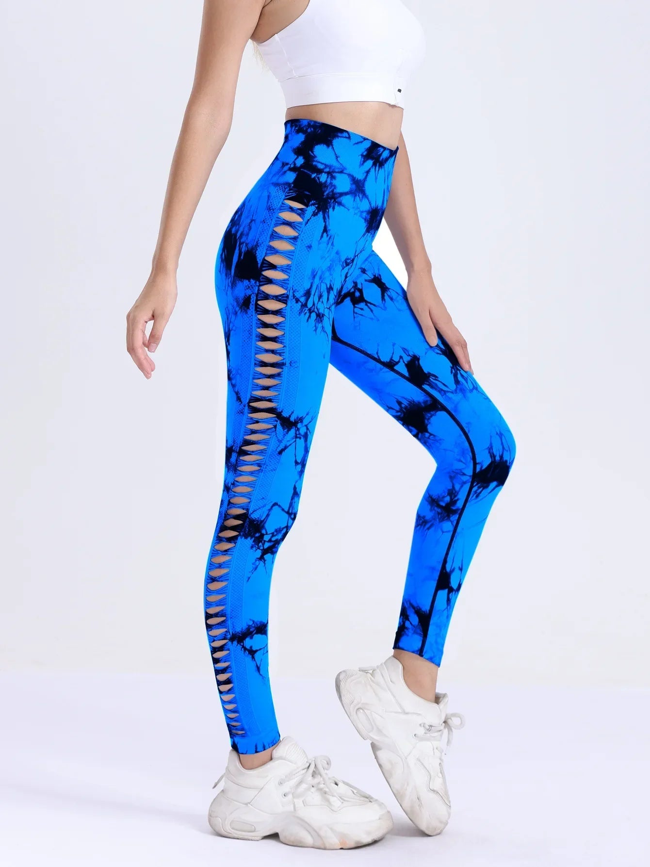 US Warehouse Seamless Yoga Pants Women Sport Leggings Fitness Gym Tight Push Up Running Pants Hollow Out Tie Dye Thunder Print