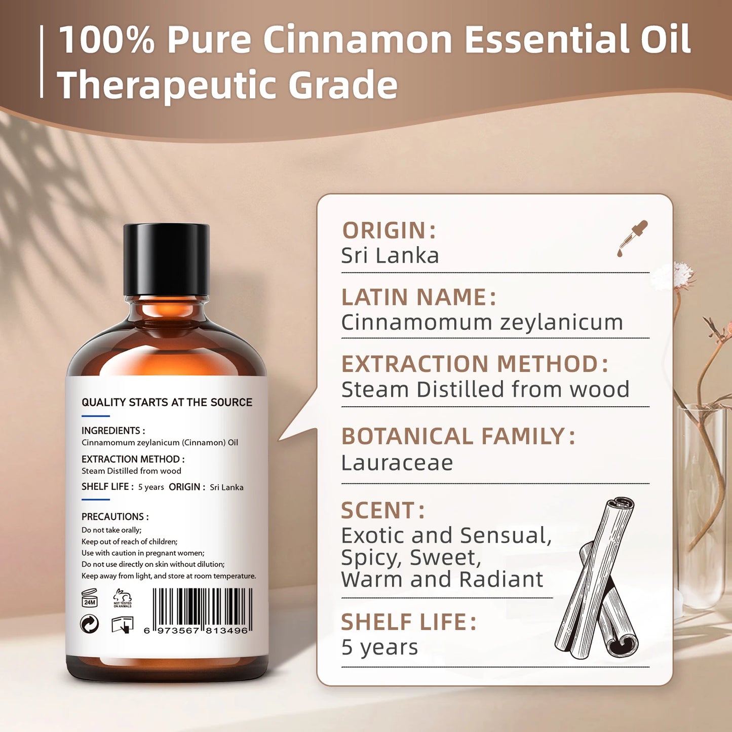 HIQILI Cinnamon Bark Pure Essential Oil for Aromatherapy