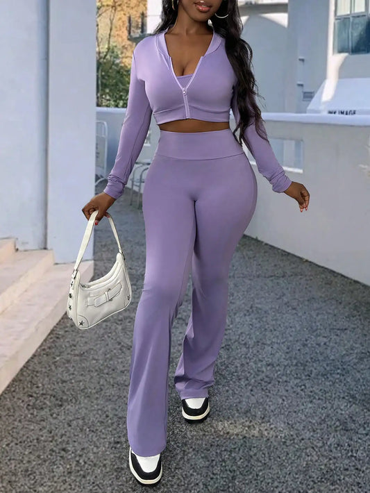 3pcs Women's Solid Color Knit Sport Set with Long Sleeve Top Short Coat Cami and Flare Leggings for Summer Sports