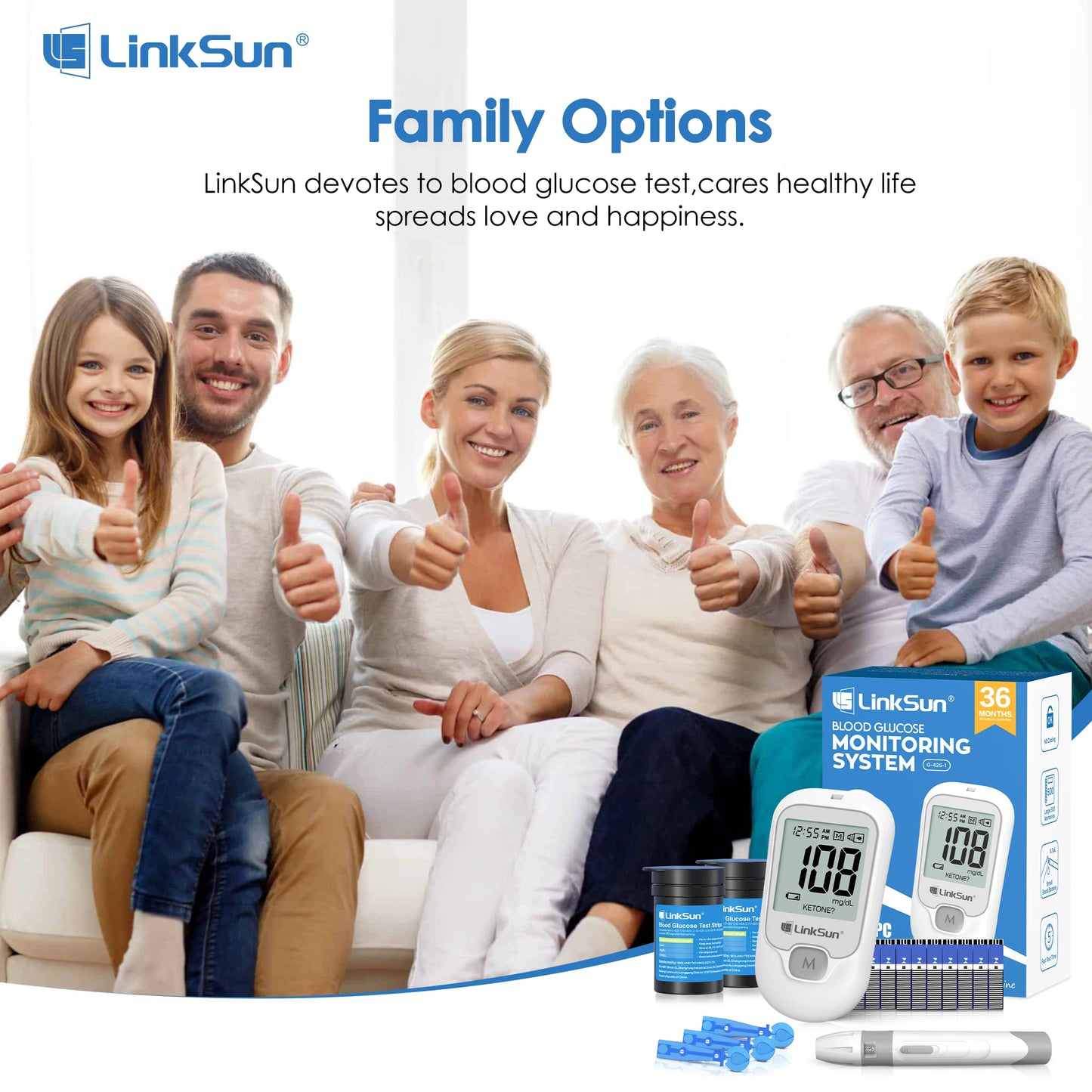 Linksun Glucose Meter Kit With Blood Sugar Test Strips