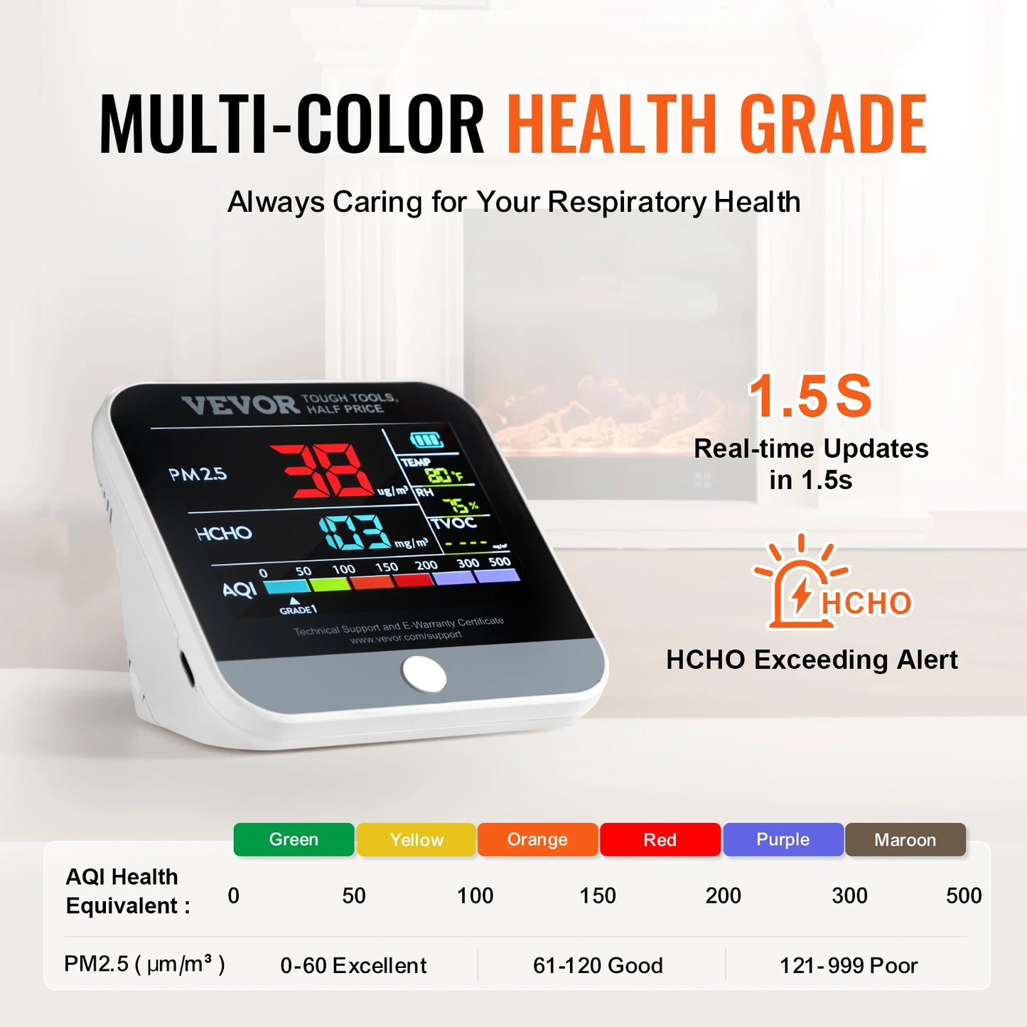 VEVOR Air Quality Monitor 8 In 1 PM2 5 PM10 PM1 0 Indoor