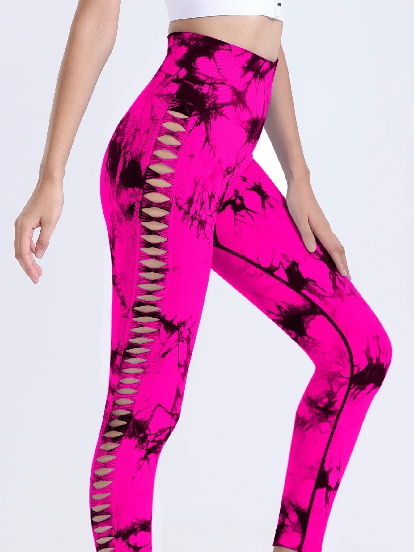 US Warehouse Seamless Yoga Pants Women Sport Leggings Fitness Gym Tight Push Up Running Pants Hollow Out Tie Dye Thunder Print
