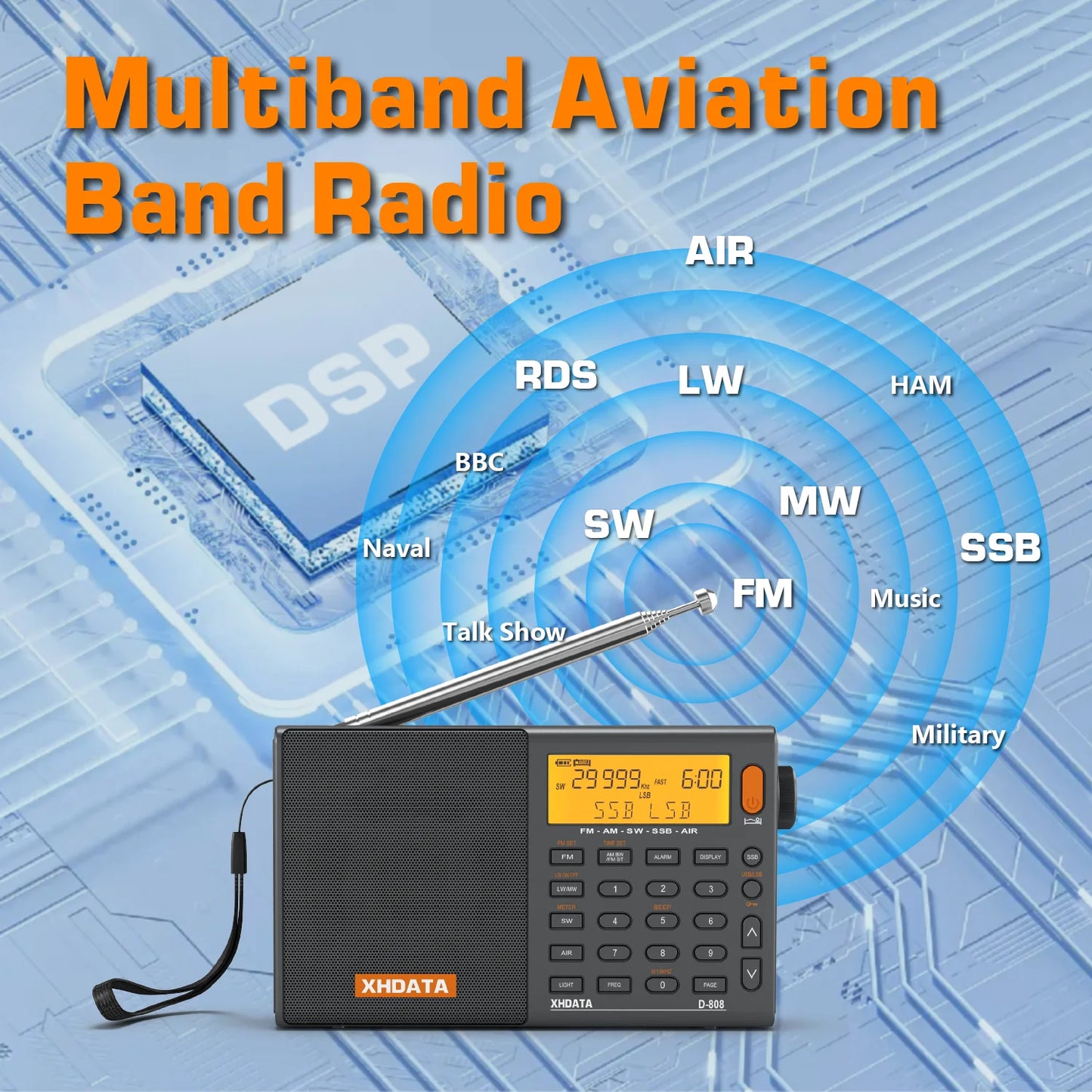 XHDATA D808 AM FM SW MW SSB Portable Radio Receiver