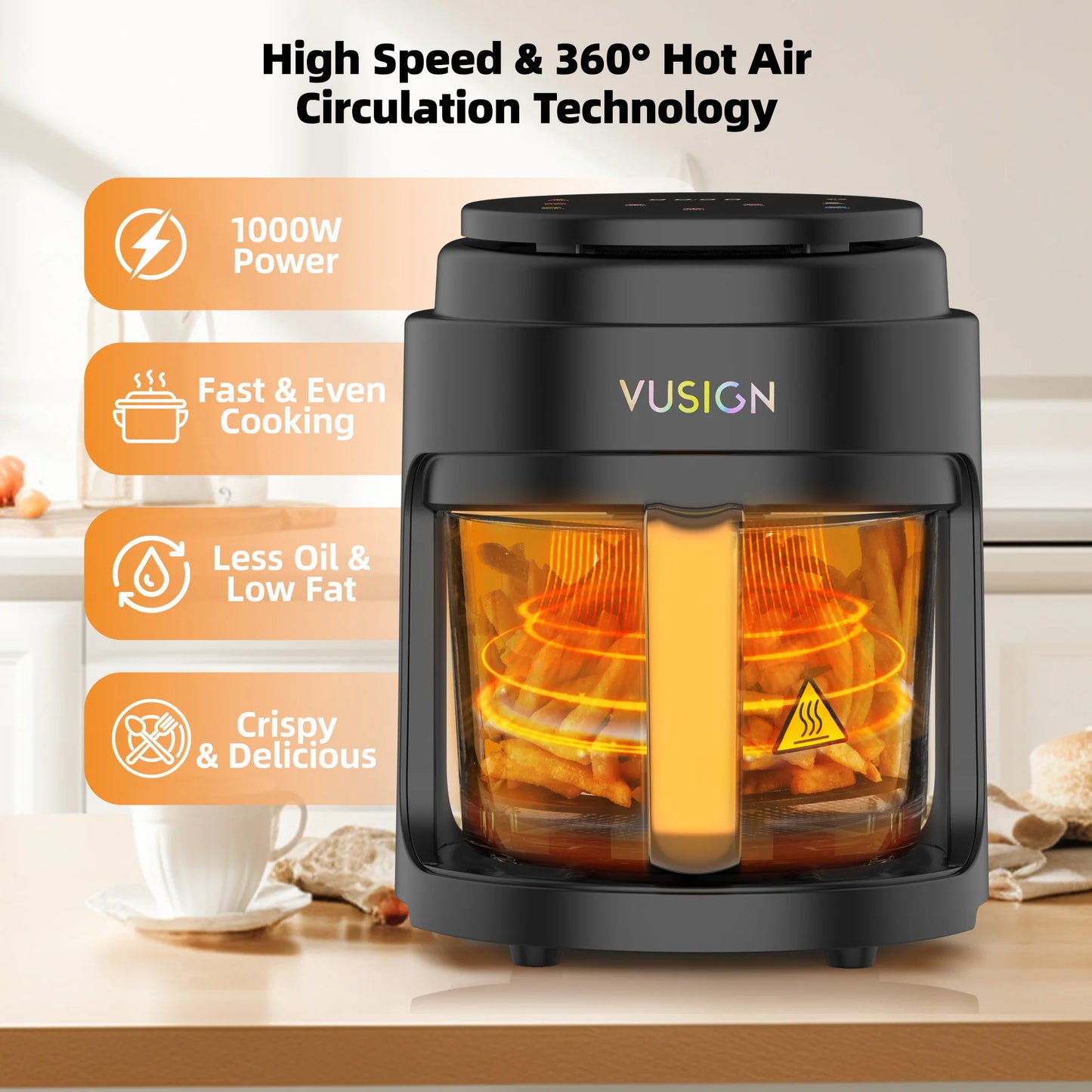 Deli 1000W Digital Air Fryer With Glass Window Touchscreen