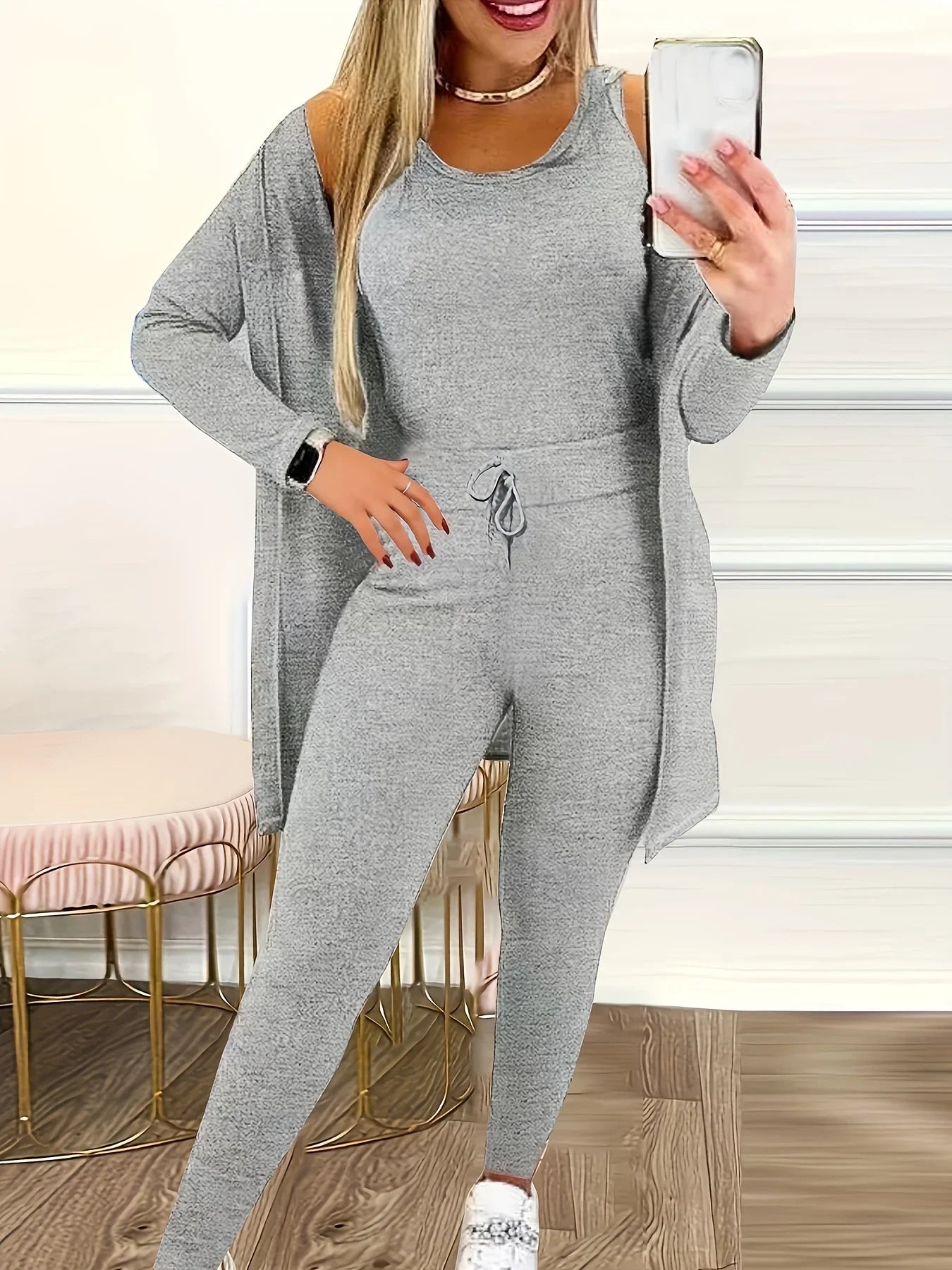 Polyester Three Piece Set With Drawstring Pockets Loose Fit Casual