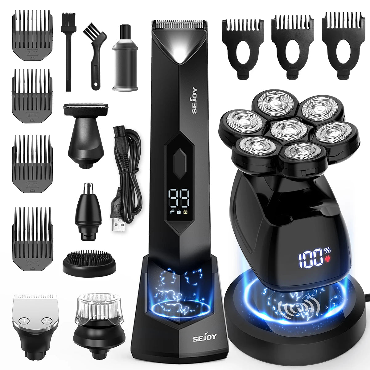 Sejoy Bald Men Hair Clippers Set Electric Head Shaver Facial Beard Trimmer Stainless Steel Blades Body Hair Shaving Machine