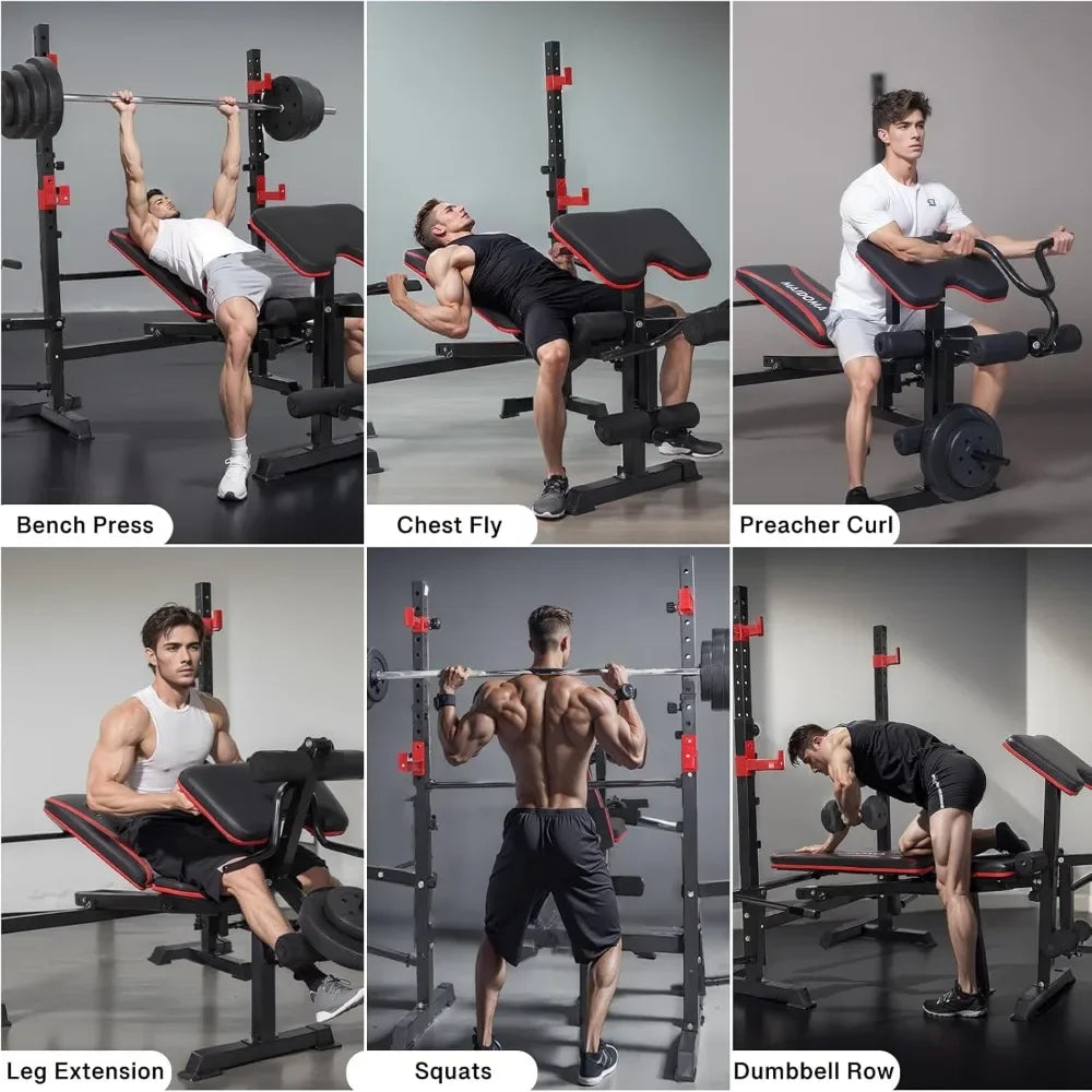1500LBS 6 in 1 Weight Bench Set with Leg Extension/Curl and Preacher Curl,Bench Press Set and Squat Rack with Safety Bar Catches