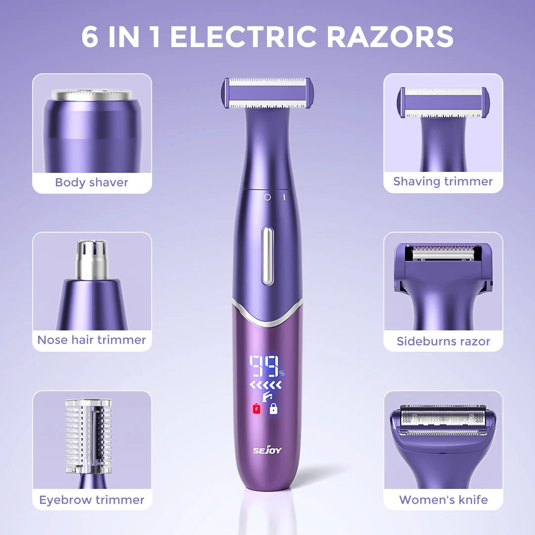 Sejoy 6-in-1 Electric Razor for Women's Pubic Hair,Painless Body Shaver,Facial Epilator,Hair Removal for Face,Bikini Trimmer