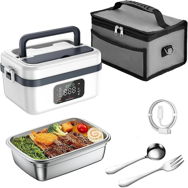 Rechargeable Timer Heated Lunch Box With Fork And Bag