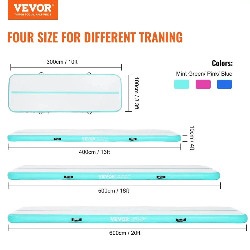 VEVOR Gymnastics Air Mat, 4 inch Thickness Inflatable Gymnastics Tumbling Mat, Tumble Track with Electric Pump, Training Mats fo
