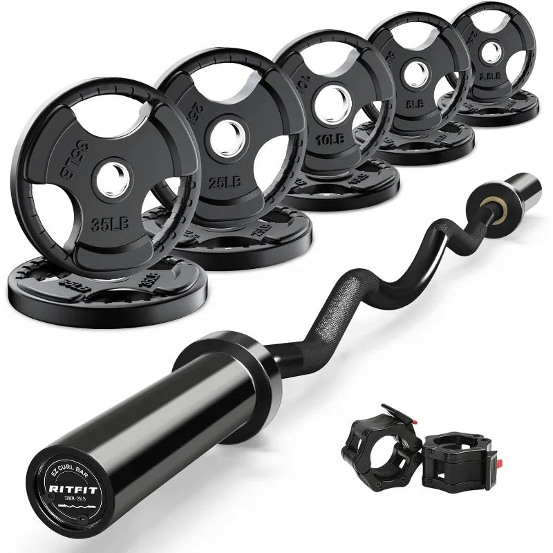 RitFit 2 Inch EZ Curl Bar with Weights, 700LBS Weight Capacity Curl Barbell for Bicep, Tricep and Weight Lifting Exercises