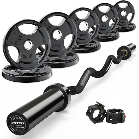 RitFit 2 Inch EZ Curl Bar with Weights, 700LBS Weight Capacity Curl Barbell for Bicep, Tricep and Weight Lifting Exercises