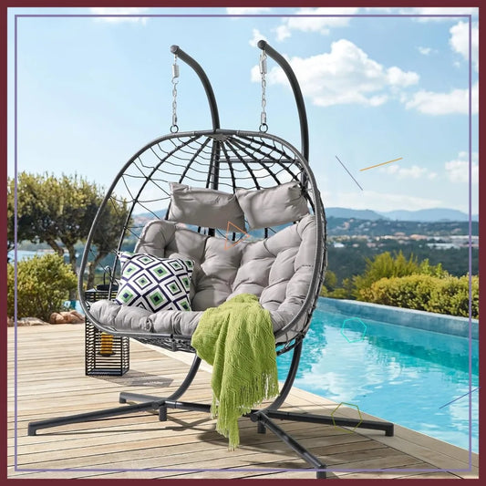 2-Person Double Egg Swing Chair With Stand Indoor Outdoor Use
