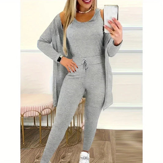 Polyester Three Piece Set With Drawstring Pockets Loose Fit Casual