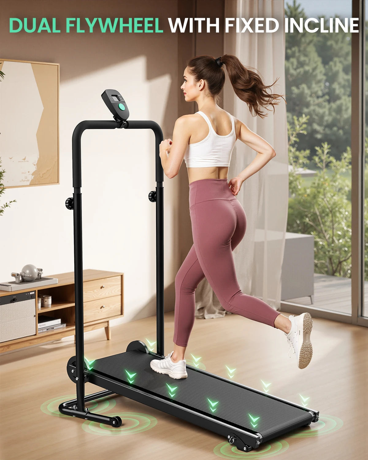 AKLUER Dual Flywheel Motorless Treadmill With LCD Monitor