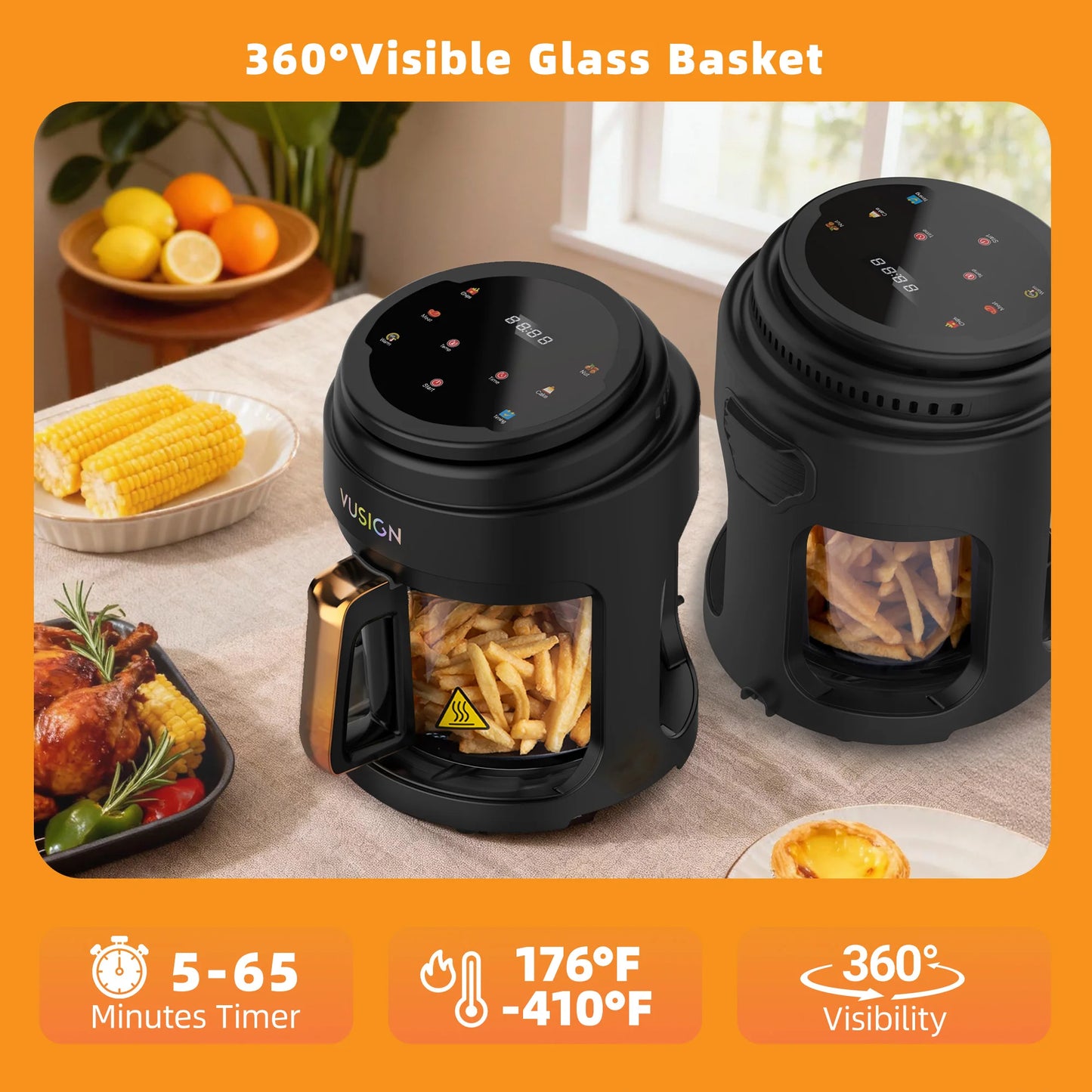 Deli 1000W Digital Air Fryer With Glass Window Touchscreen