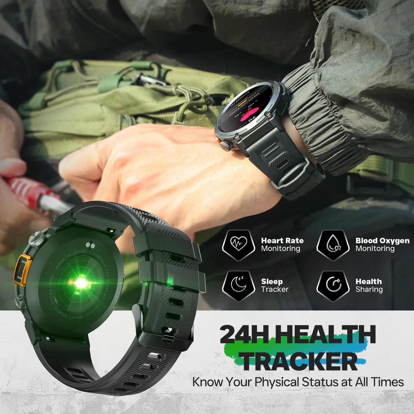 EIGIIS 2024 New KE3 Bluetooth Call Smart Watch for Men Full Touch Screen Health Monitor with Flashlight for IOS and Android