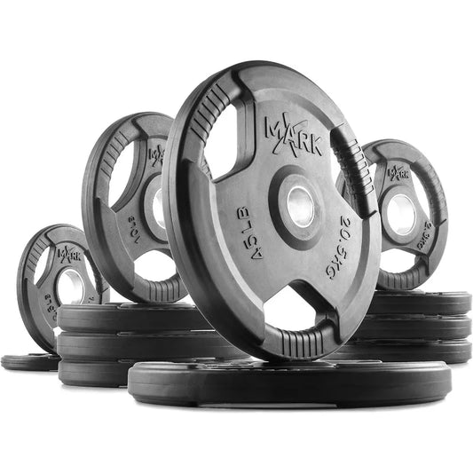XMark Rubber Coated Weight Plate Set Olympic Weights Barbell Weight Set for Home Strength Training