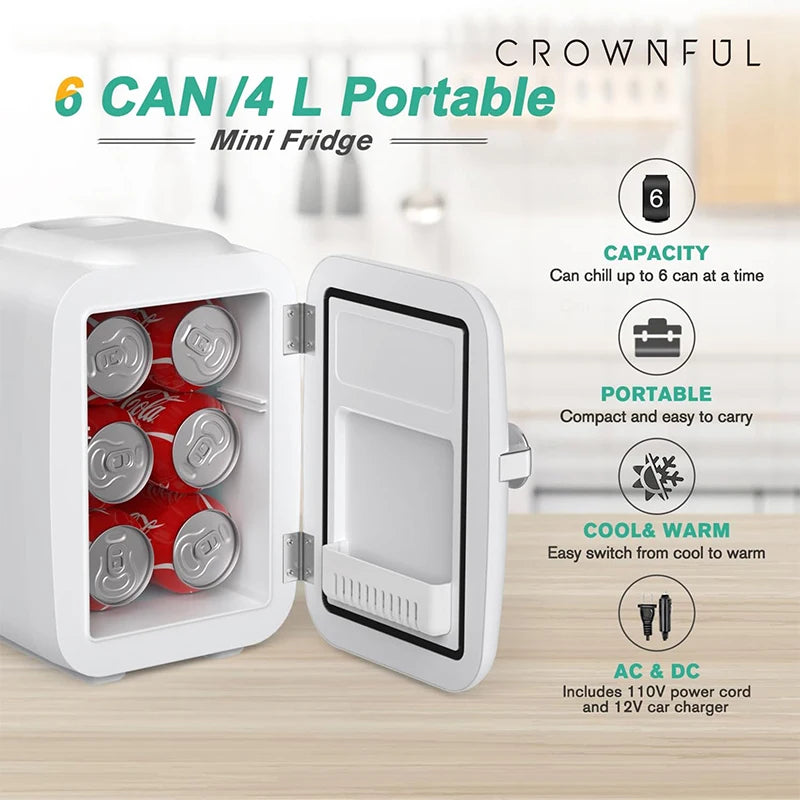 Crownful 4L Mini Multifunction Refrigerator Electric Portable Beauty Cooler Warmer Car Fridge for Home Camping and Travel